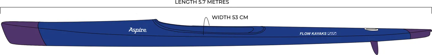 Flow Kayaks Aspire Ski, side profile drawing with length and width